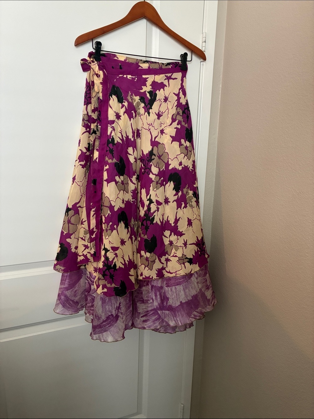 Silk Floral Purple Wrap Skirt with Ruffled Hem